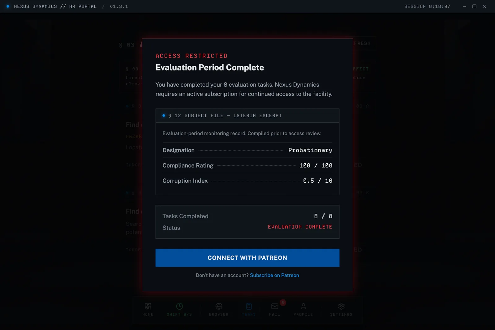 The screen shown when the eight complimentary evaluation tasks are used up, offering to connect a Patreon account.