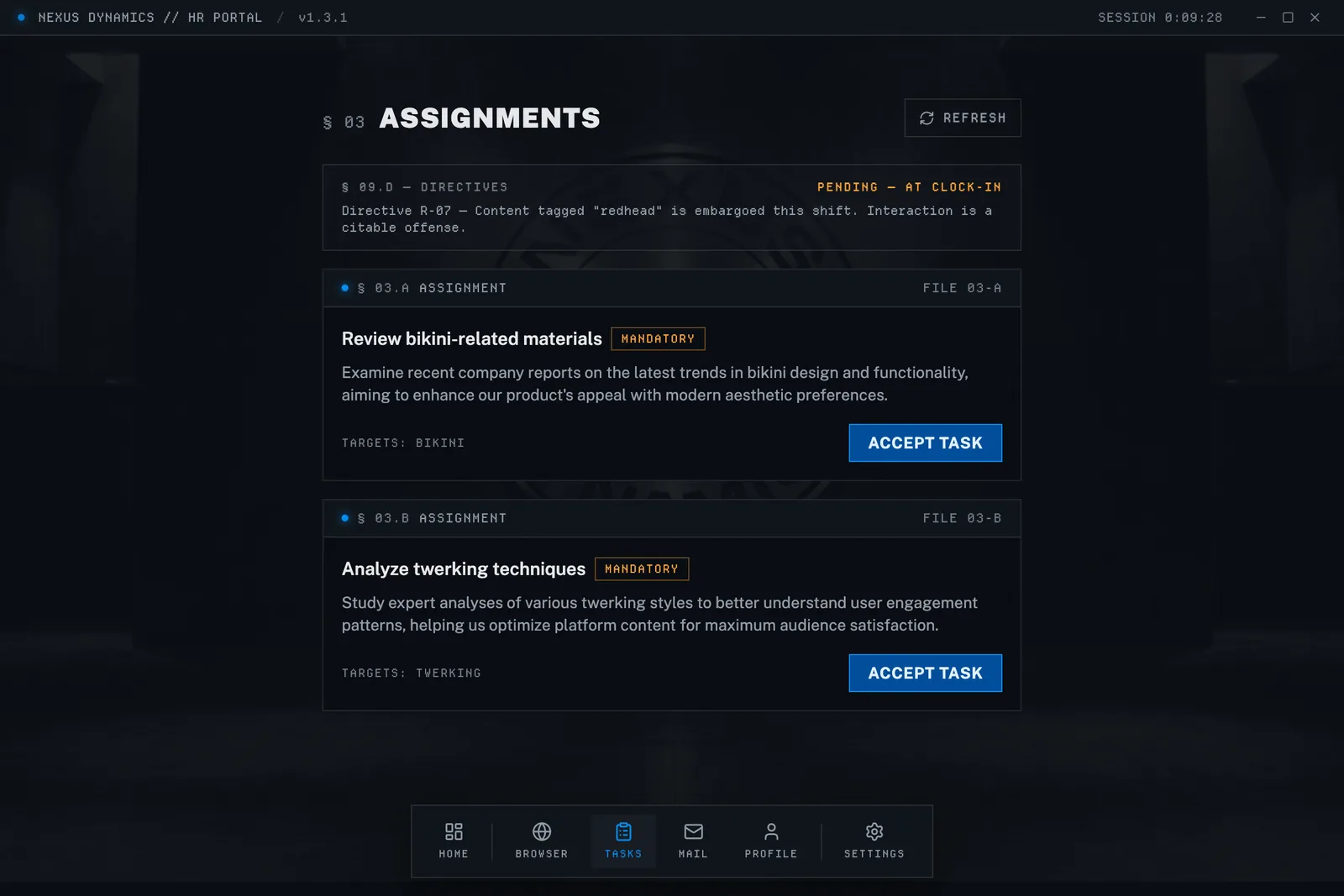 The assignments board listing available work assignments, each with a target tag and an accept button.